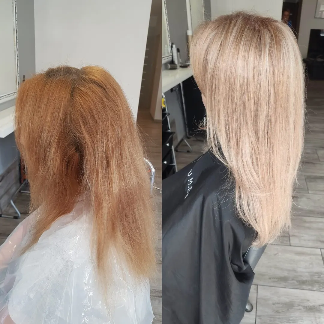 Metamorfoza przed i po: rozjaśnienie odrostu do jednolitego blondu w OU Beauty