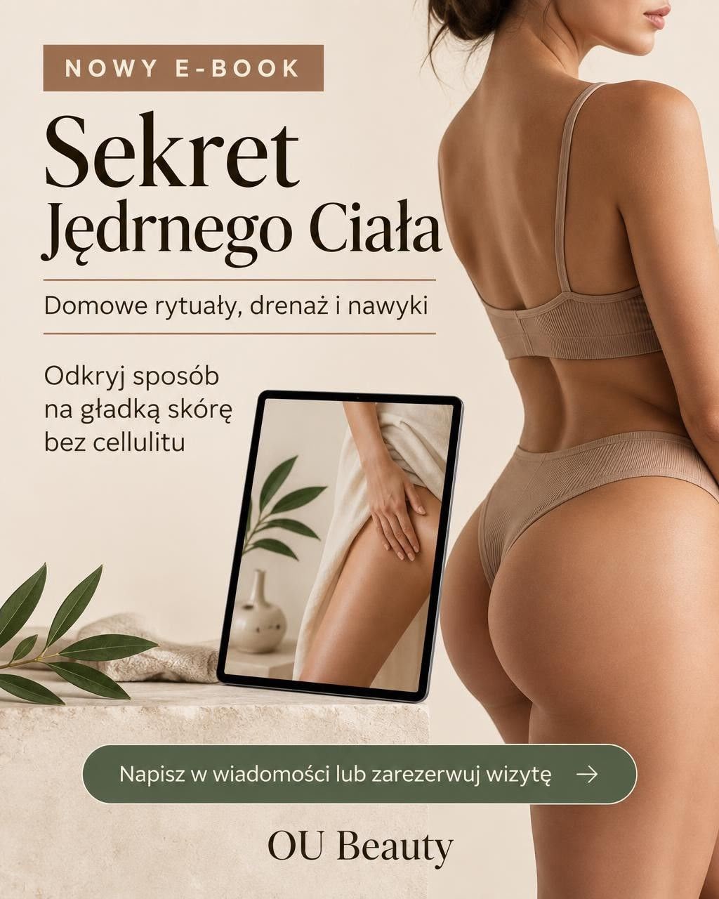 Grafika promocyjna e-booka Sekret Jędrnego Ciała od OU Beauty, z tematami domowych rytuałów, drenażu i nawyków